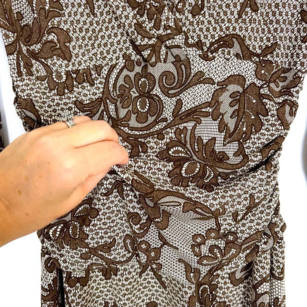 LONDON TIMES ruche waist dress with surprise neck brown and ivory floral… - Picture 2 of 6